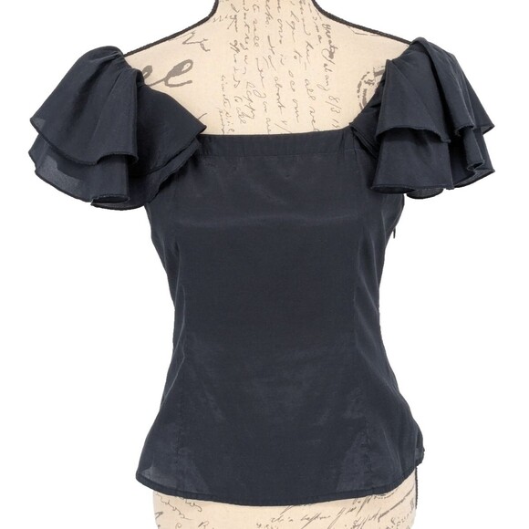 The Limited Tops - Limited Blouse Top XS Navy Cropped Ruffle Shoulders Square Neck Y2K Retro